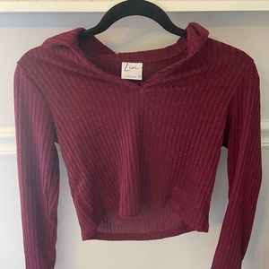 Maroon long sleeve cropped top with collar